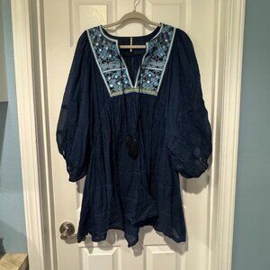 EUC FREE PEOPLE EMBROIDERED STRIPED PUFF SLEEVE TUNIC TOP CAN FIT 1XL/2XL